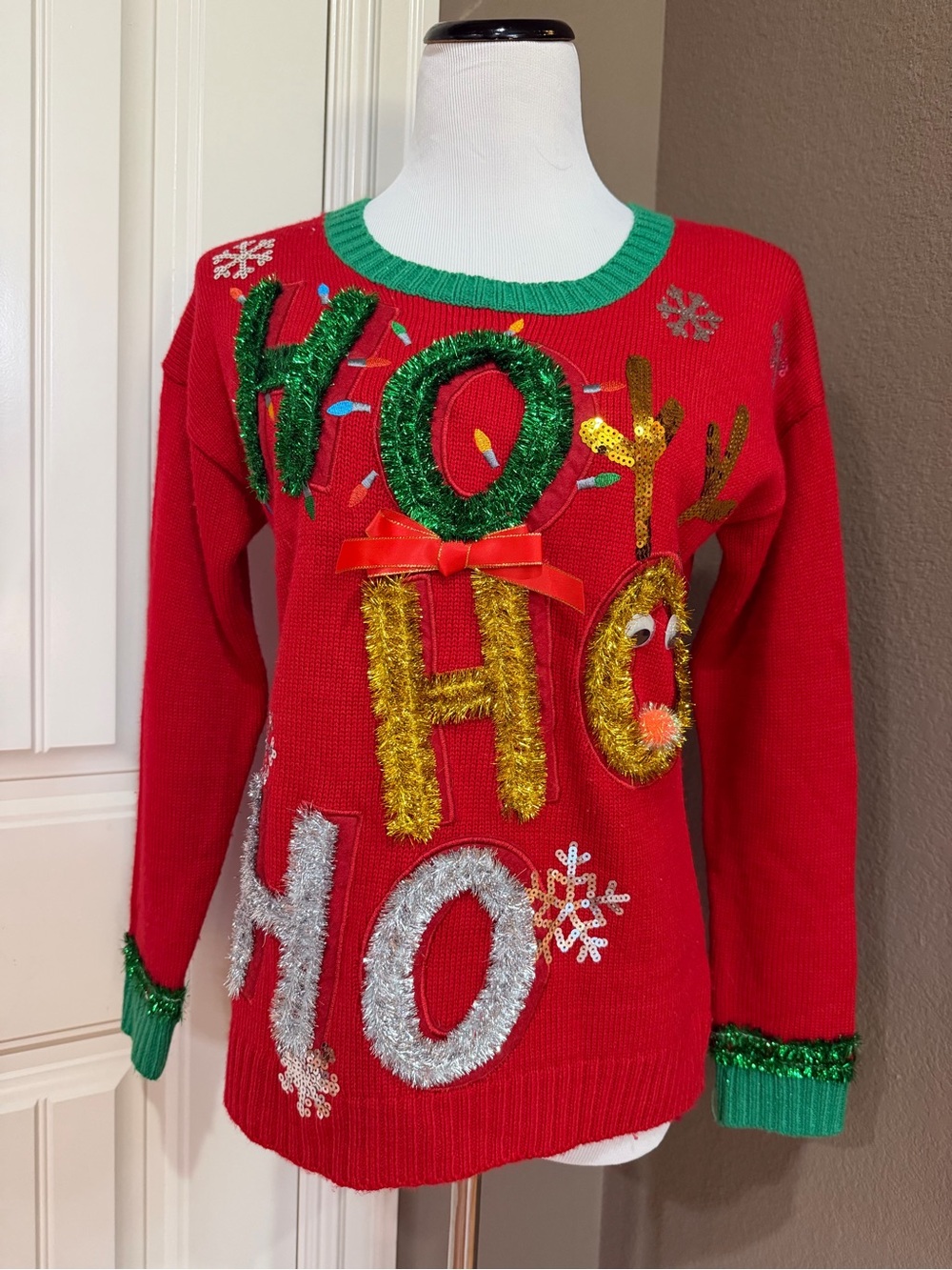 united states sweaters Red Holiday 'HO HO HO' Tinsel Embellished Sweater